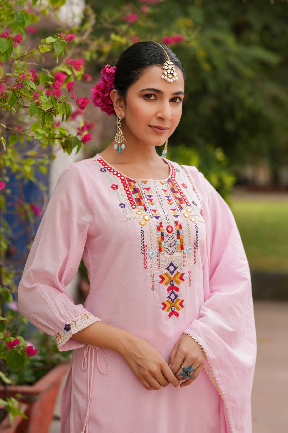 Pink Cotton Mulmul Mirror Embroidered Straight Suit Set