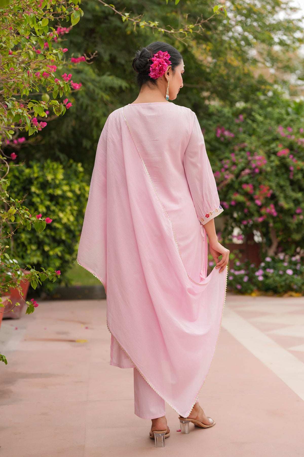 Pink Cotton Mulmul Mirror Embroidered Straight Suit Set