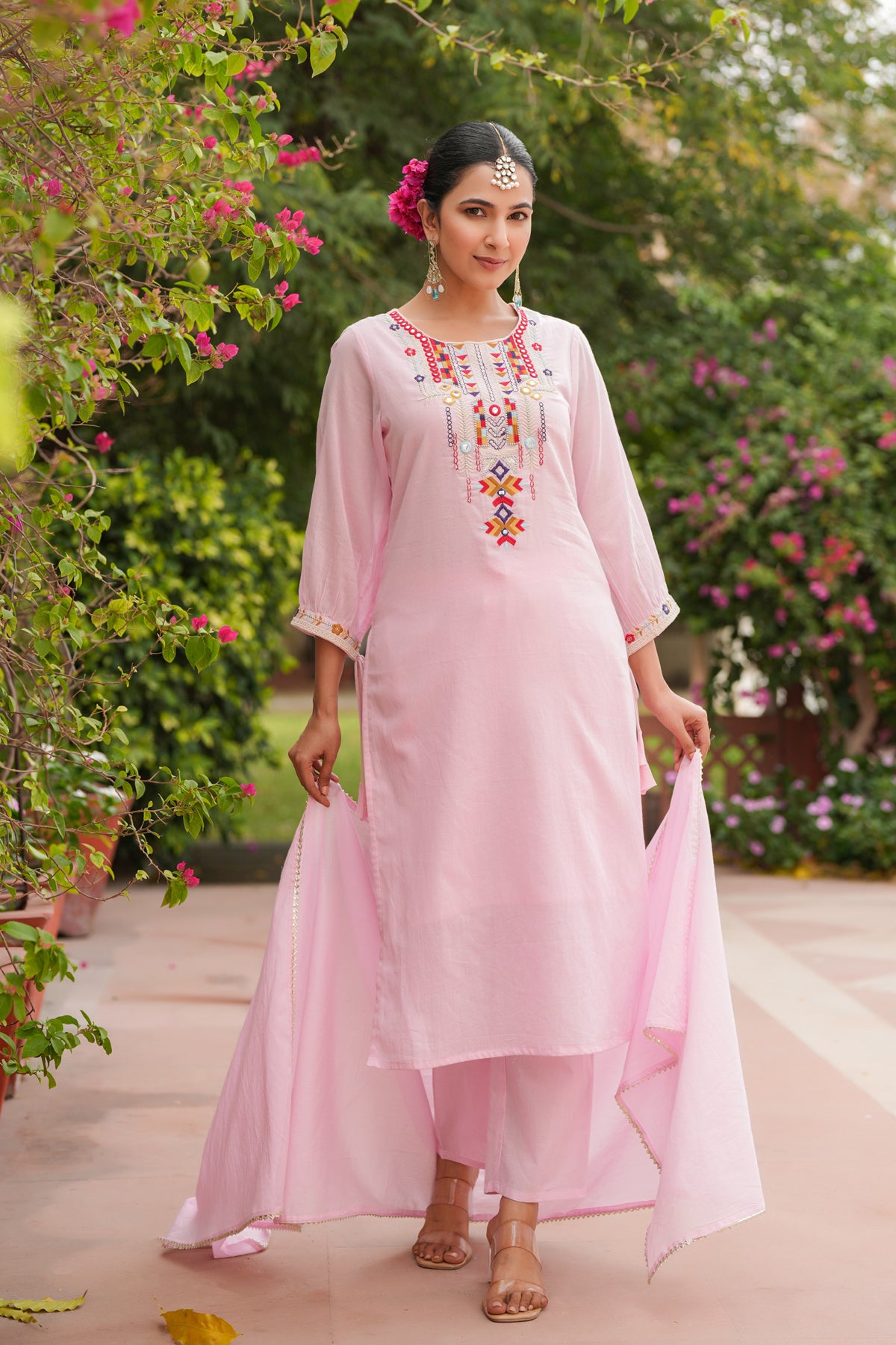 Pink Cotton Mulmul Mirror Embroidered Straight Suit Set