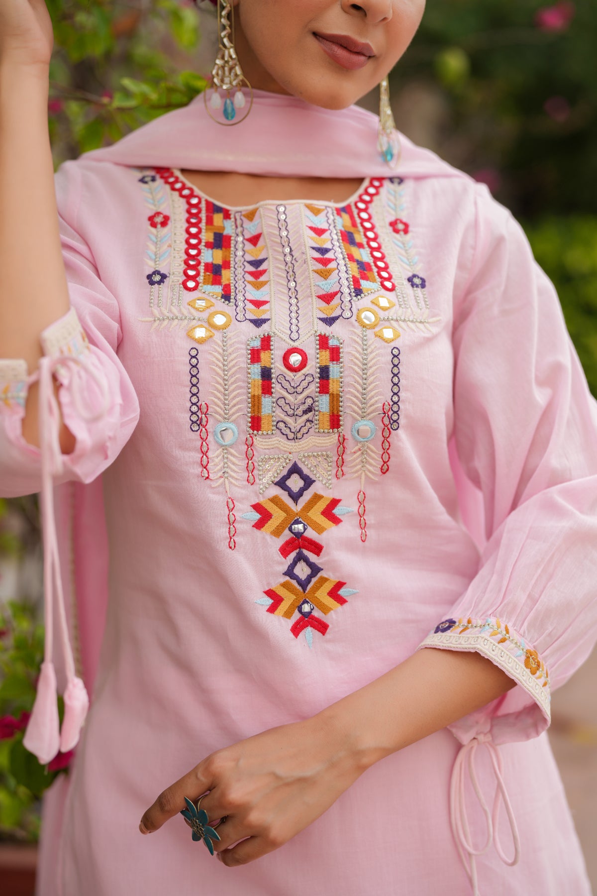 Pink Cotton Mulmul Mirror Embroidered Straight Suit Set