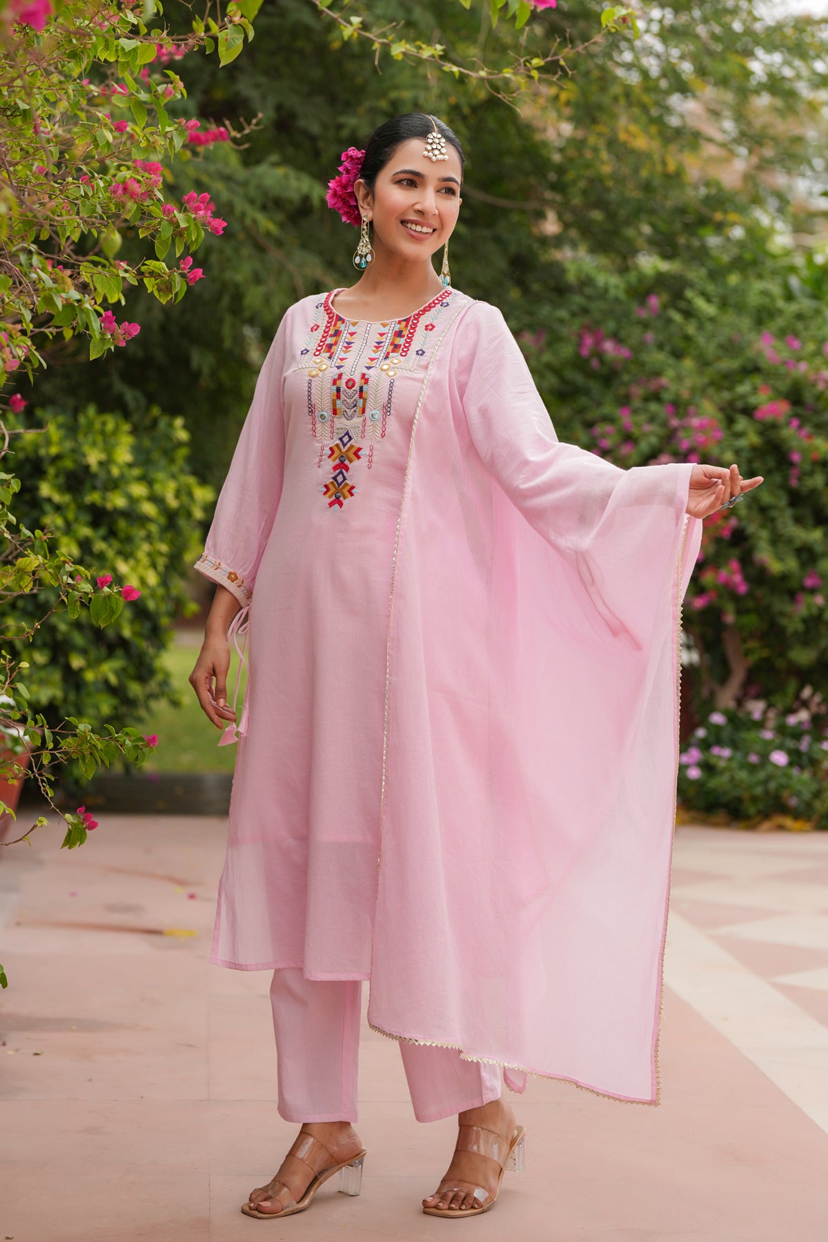 Pink Cotton Mulmul Mirror Embroidered Straight Suit Set