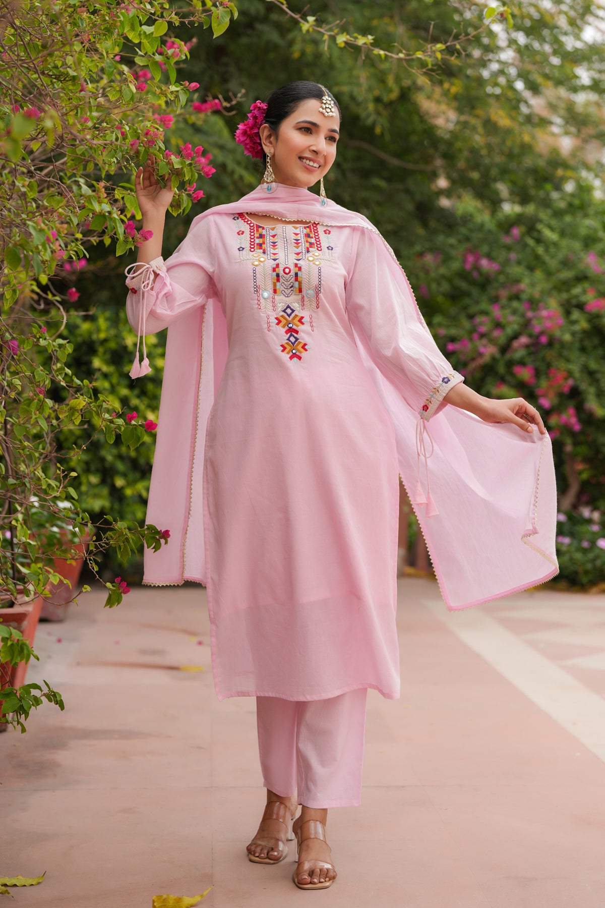Pink Cotton Mulmul Mirror Embroidered Straight Suit Set