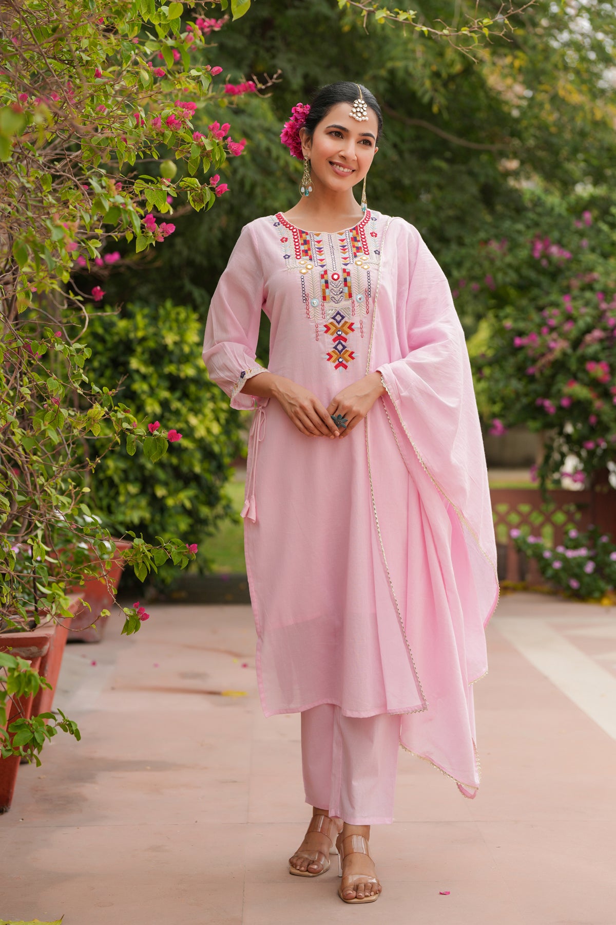 Pink Cotton Mulmul Mirror Embroidered Straight Suit Set
