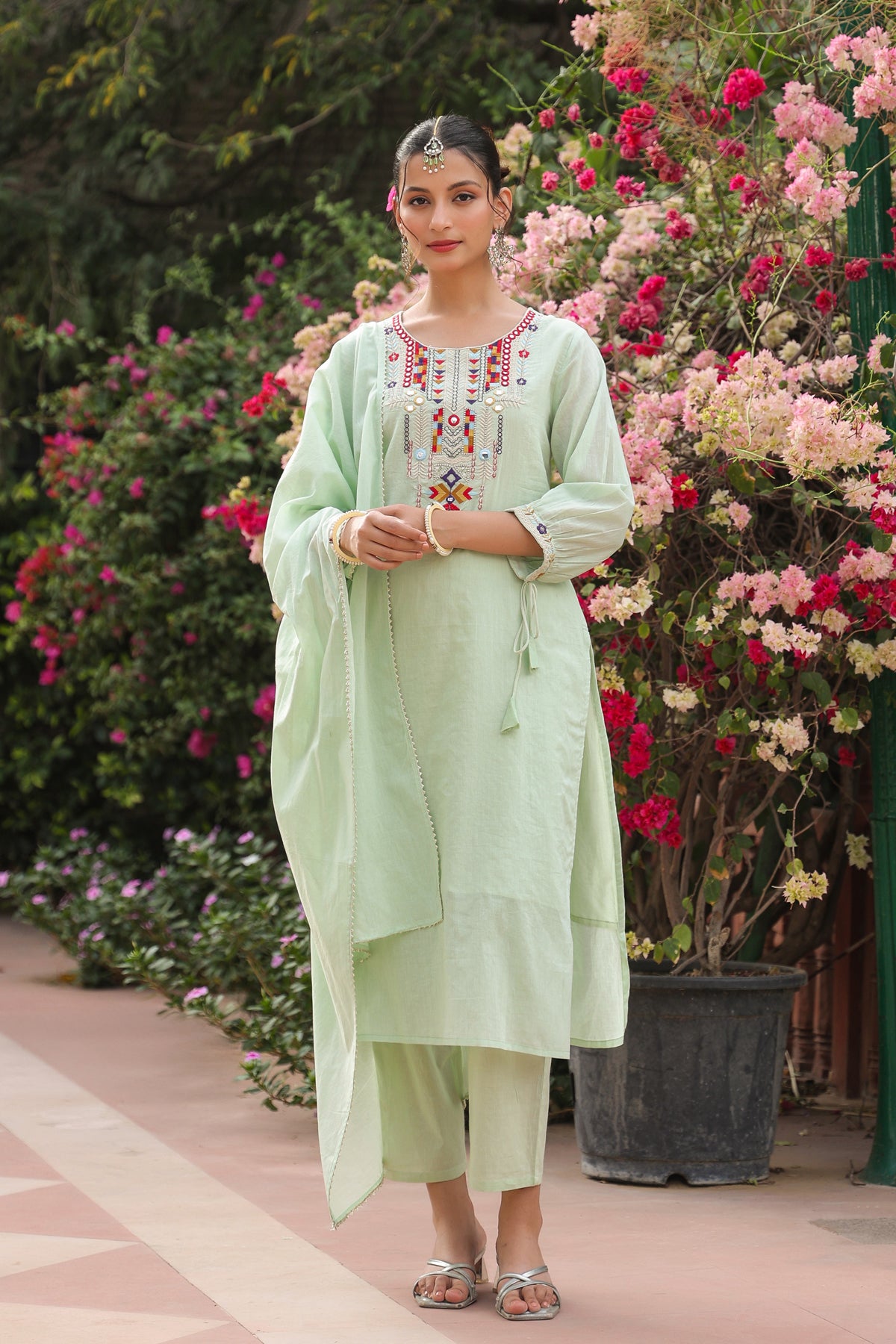Pistagreen Cotton Mulmul Mirror Embroidered Straight Suit Set