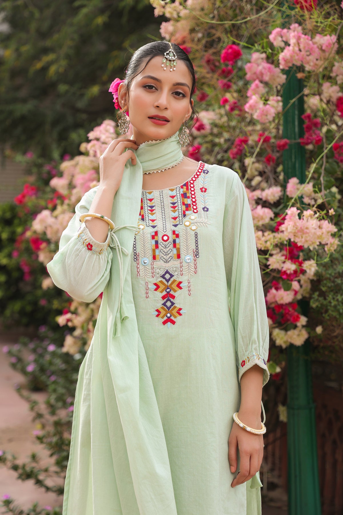 Pistagreen Cotton Mulmul Mirror Embroidered Straight Suit Set