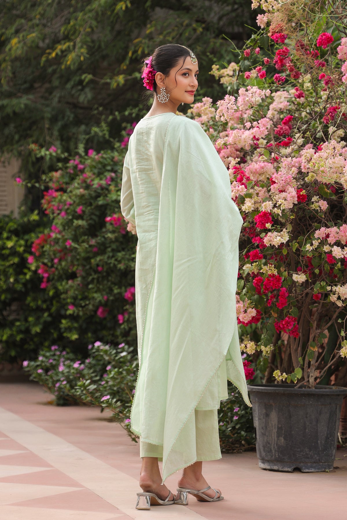 Pistagreen Cotton Mulmul Mirror Embroidered Straight Suit Set