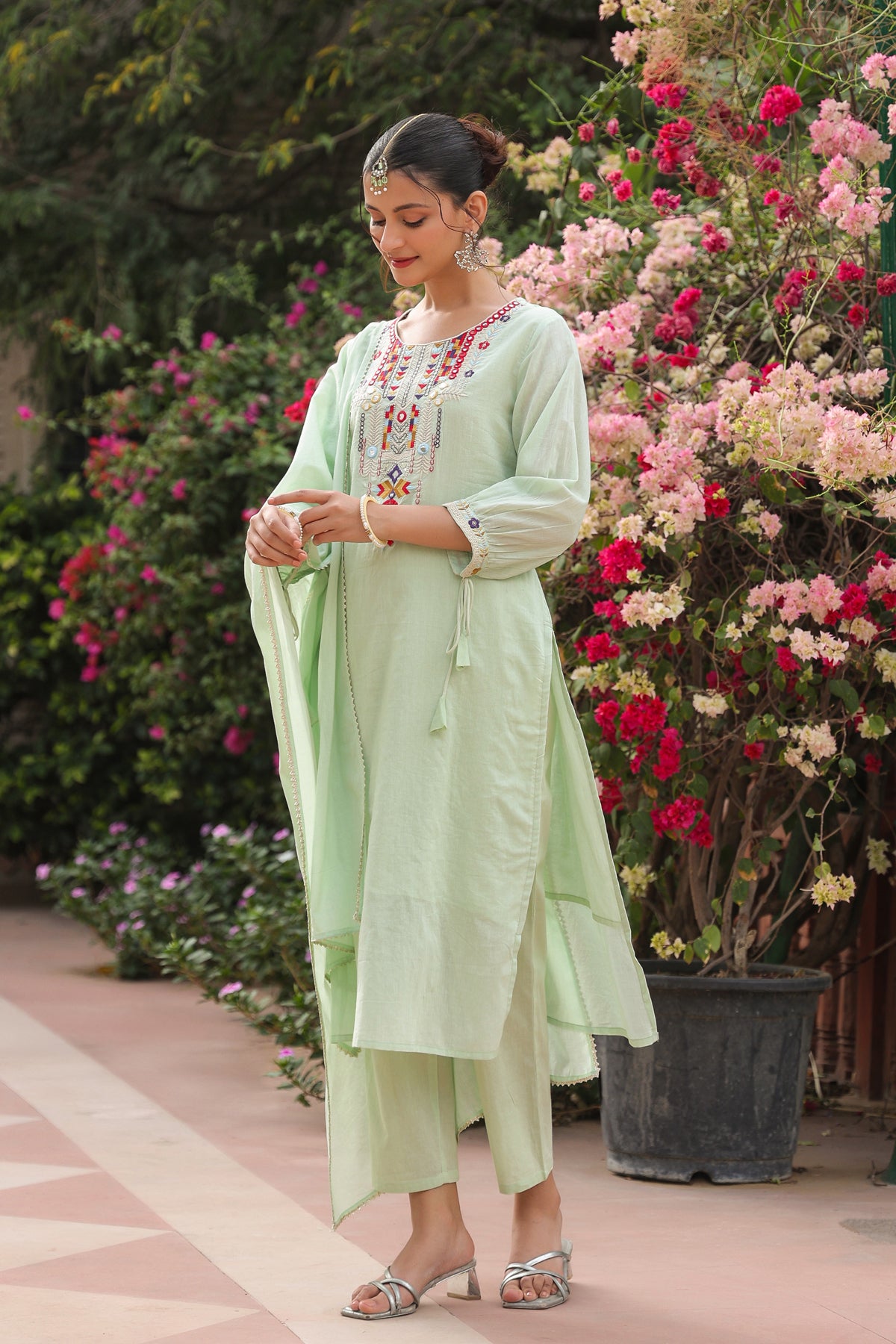 Pistagreen Cotton Mulmul Mirror Embroidered Straight Suit Set