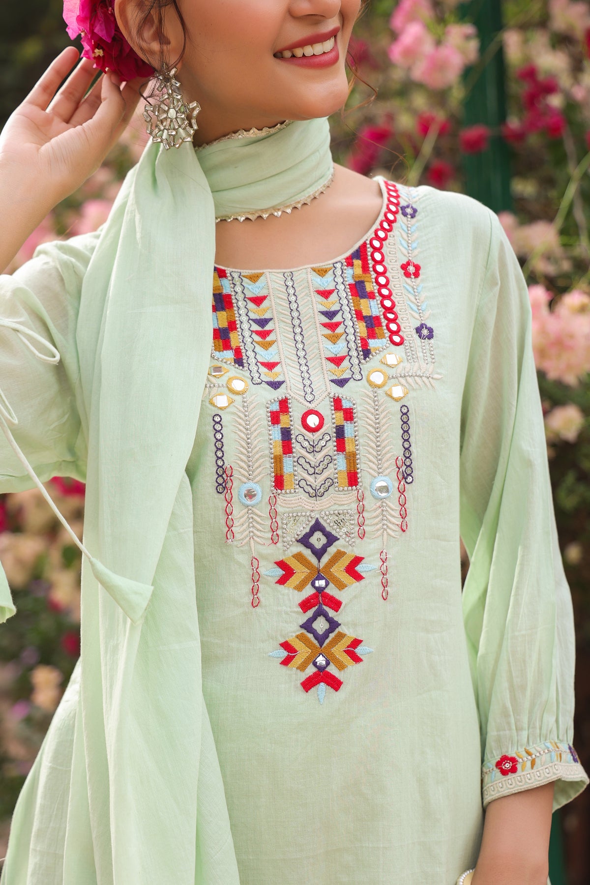 Pistagreen Cotton Mulmul Mirror Embroidered Straight Suit Set