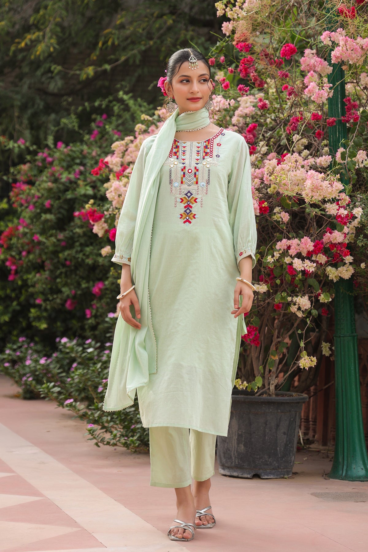 Pistagreen Cotton Mulmul Mirror Embroidered Straight Suit Set