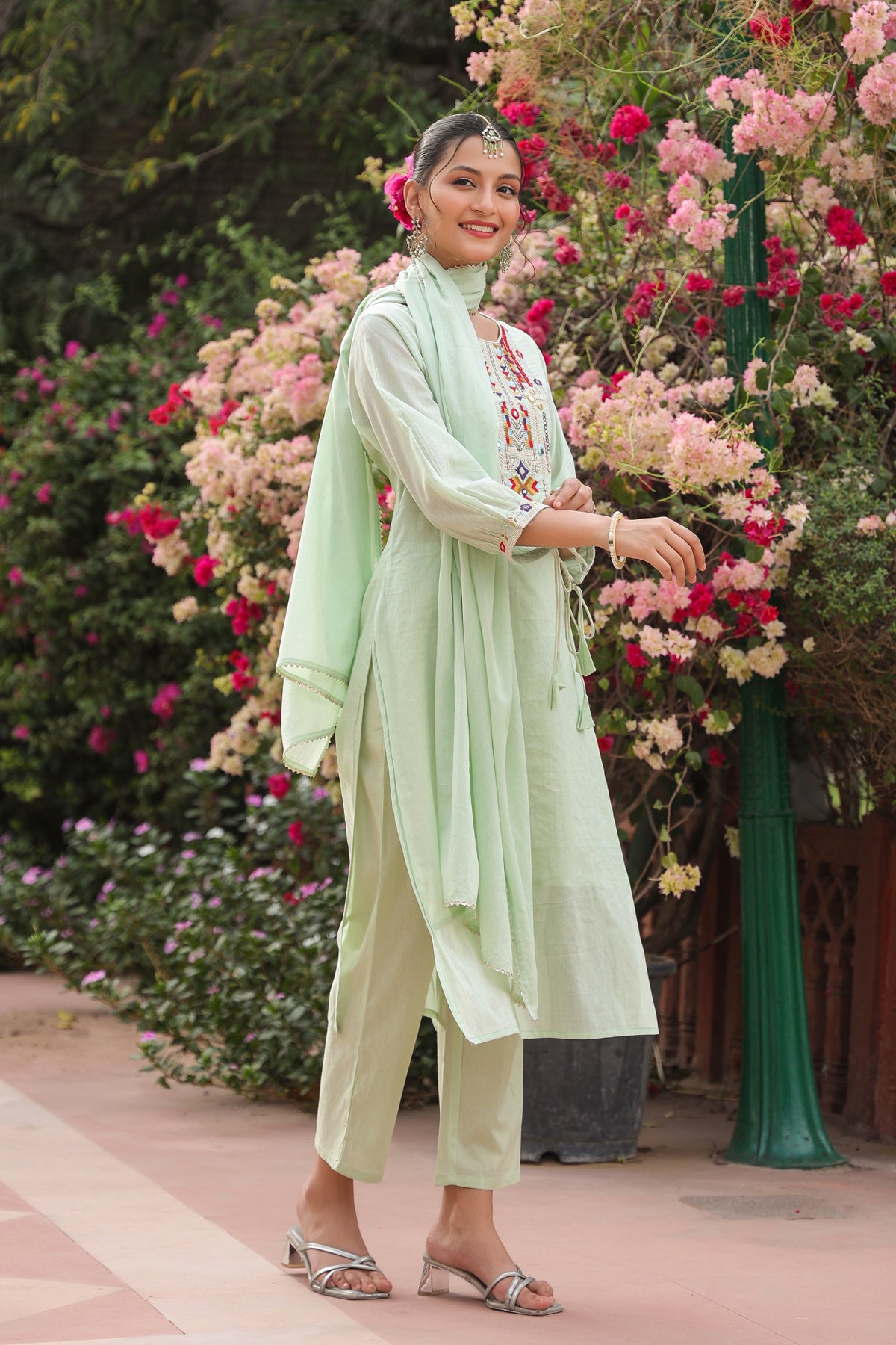 Pistagreen Cotton Mulmul Mirror Embroidered Straight Suit Set