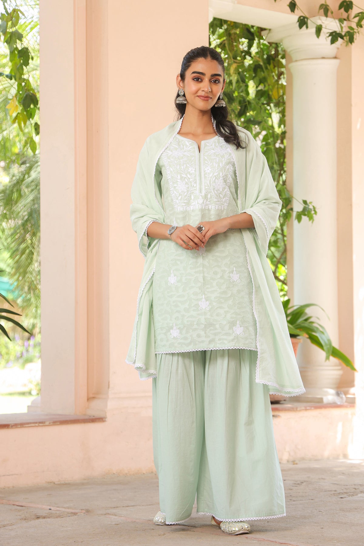 Pistagreen Jacquard Cotton Chikankari Sharara Set
