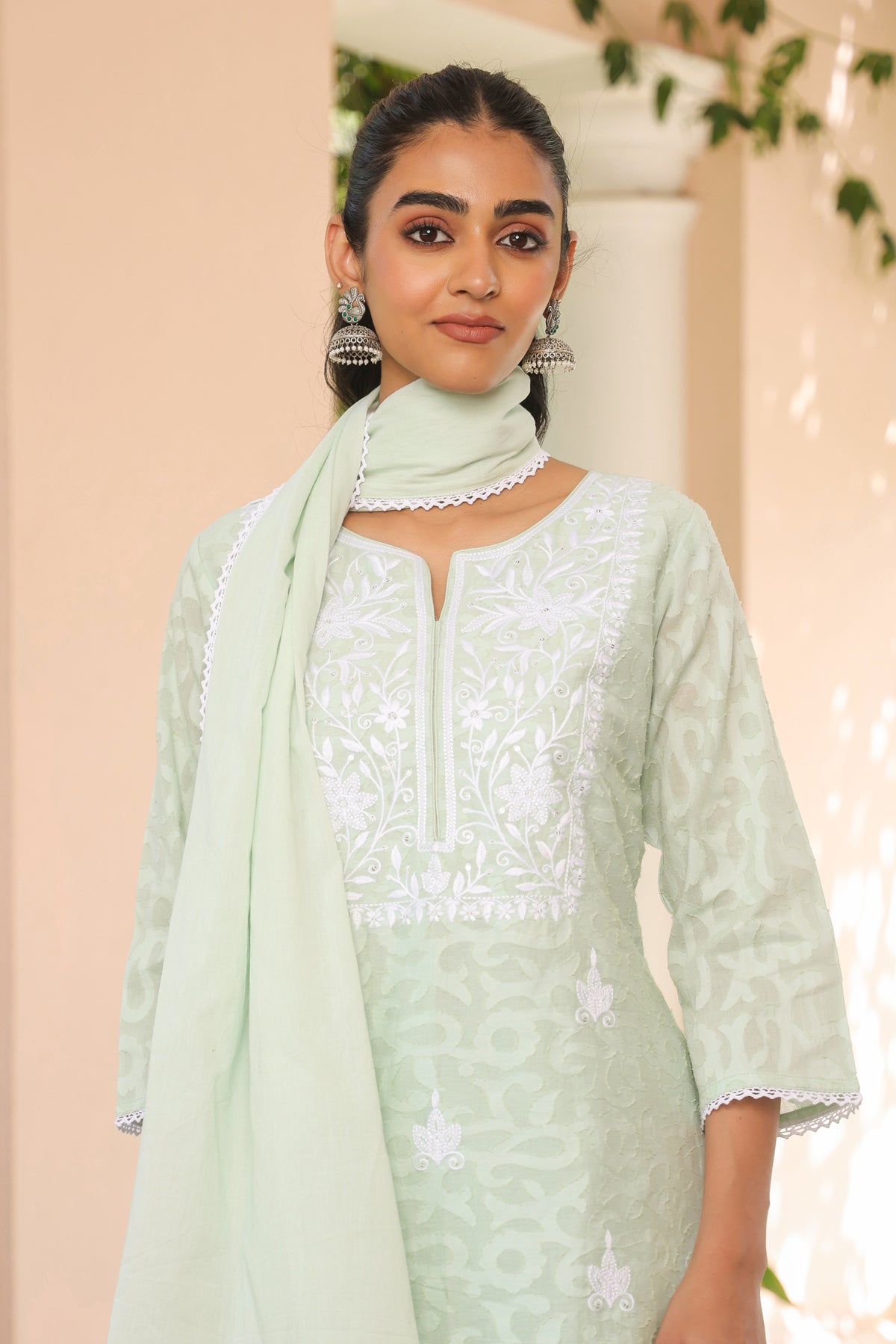 Pistagreen Jacquard Cotton Chikankari Sharara Set