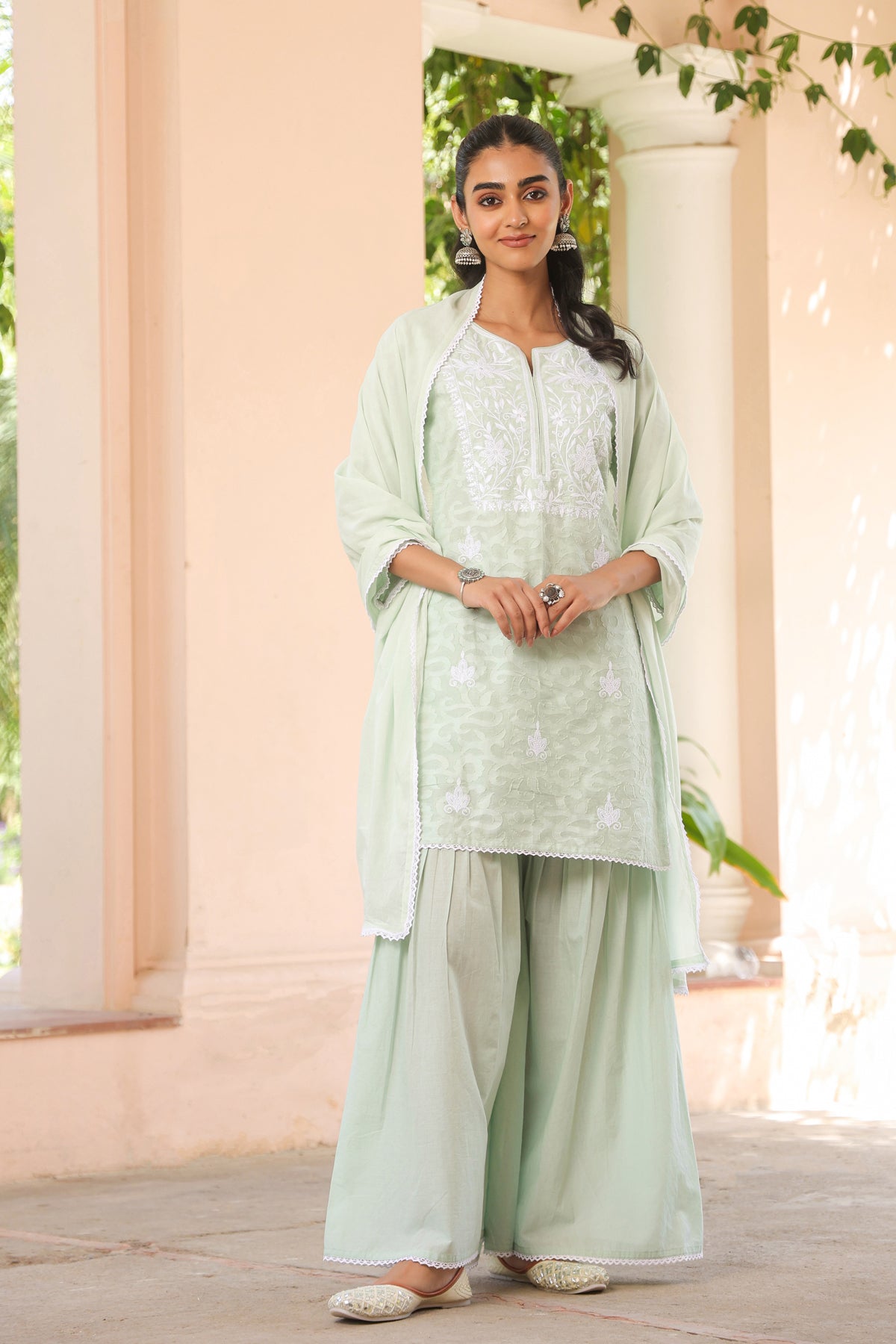 Pistagreen Jacquard Cotton Chikankari Sharara Set