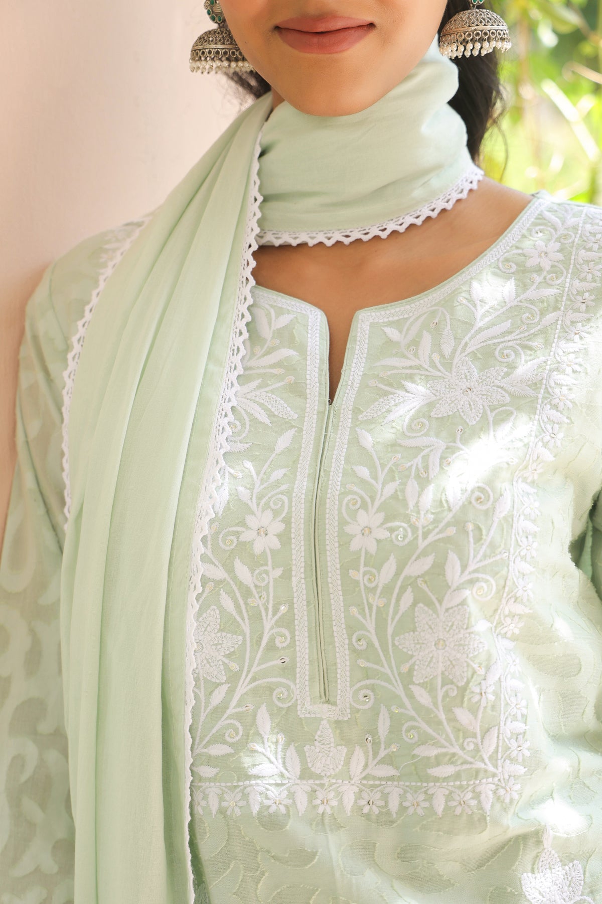 Pistagreen Jacquard Cotton Chikankari Sharara Set