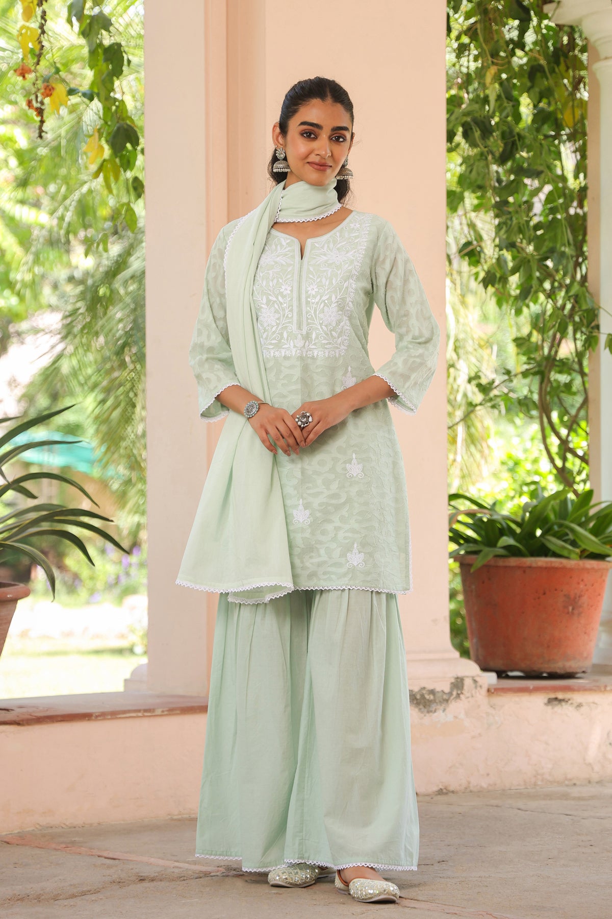 Pistagreen Jacquard Cotton Chikankari Sharara Set