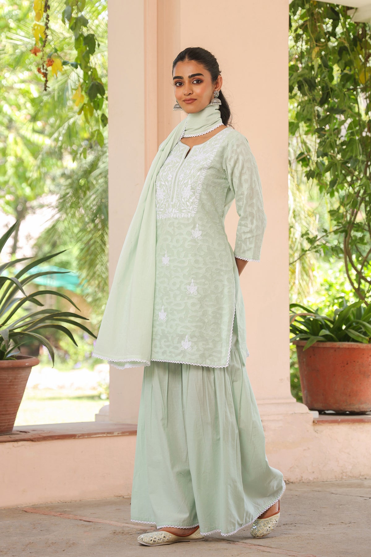 Pistagreen Jacquard Cotton Chikankari Sharara Set