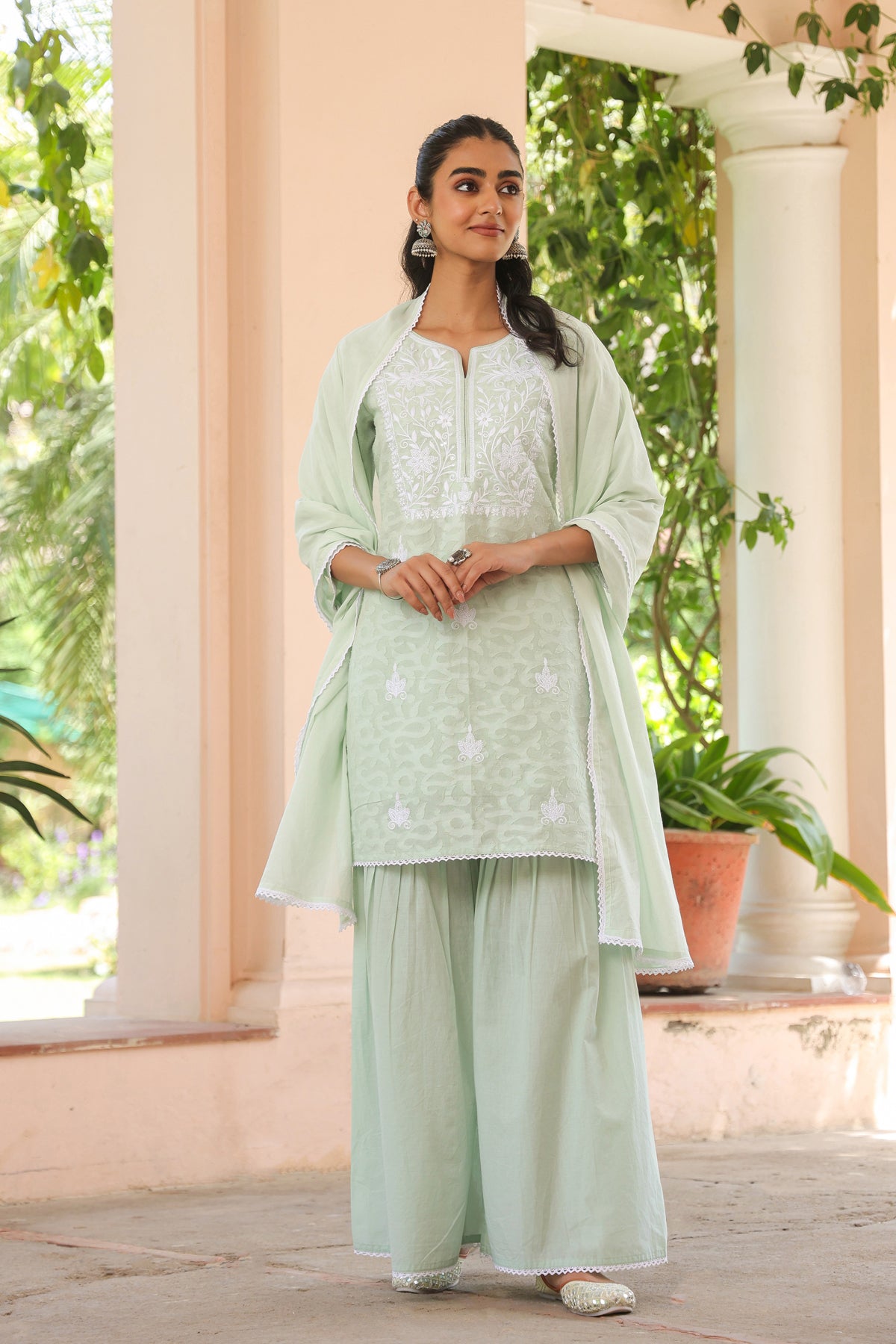 Pistagreen Jacquard Cotton Chikankari Sharara Set