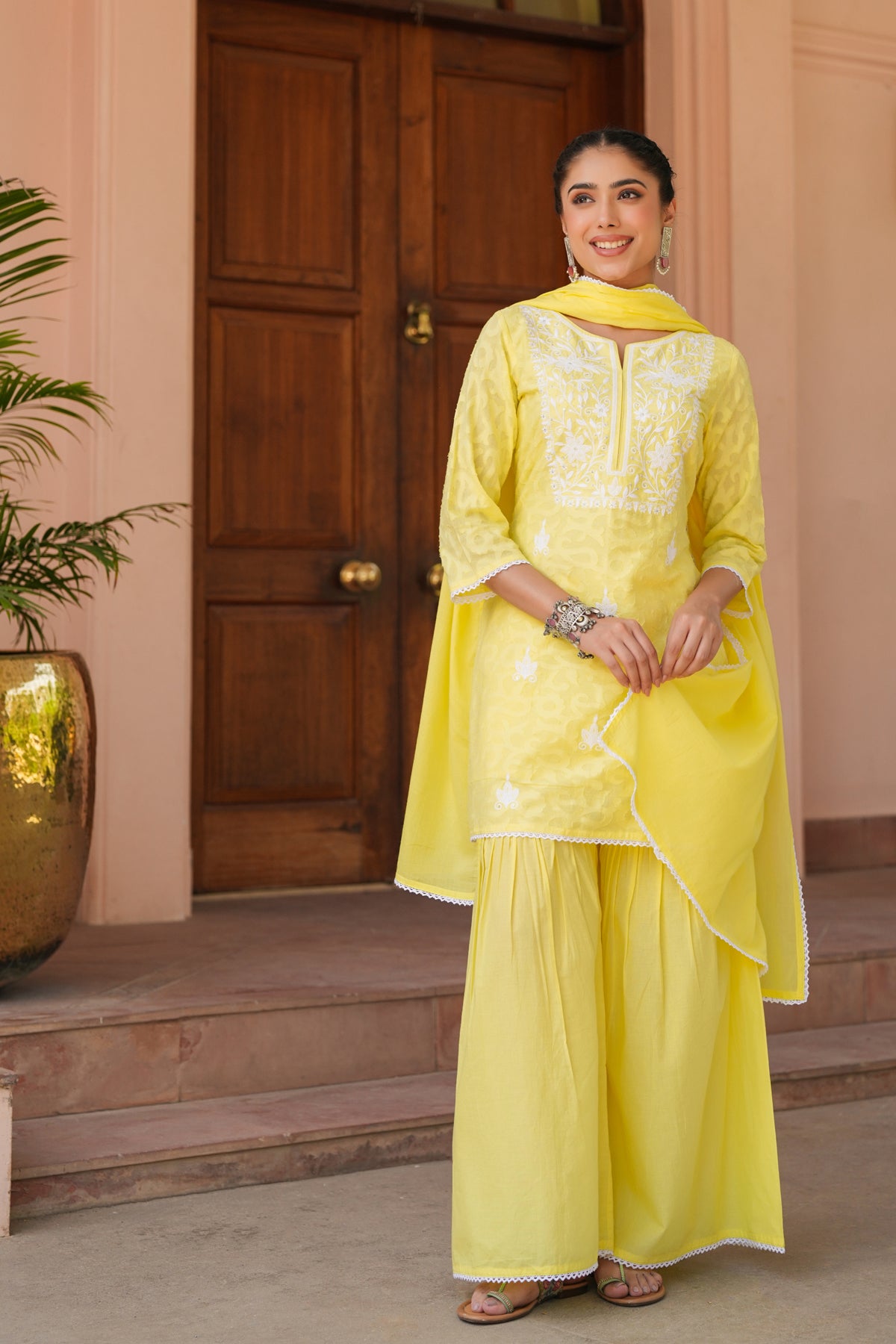 Yellow Jacquard Cotton Chikankari Sharara Set