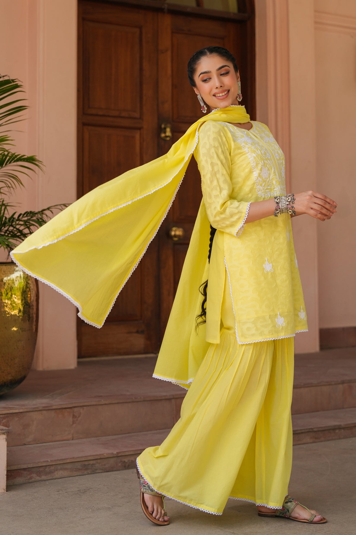 Yellow Jacquard Cotton Chikankari Sharara Set