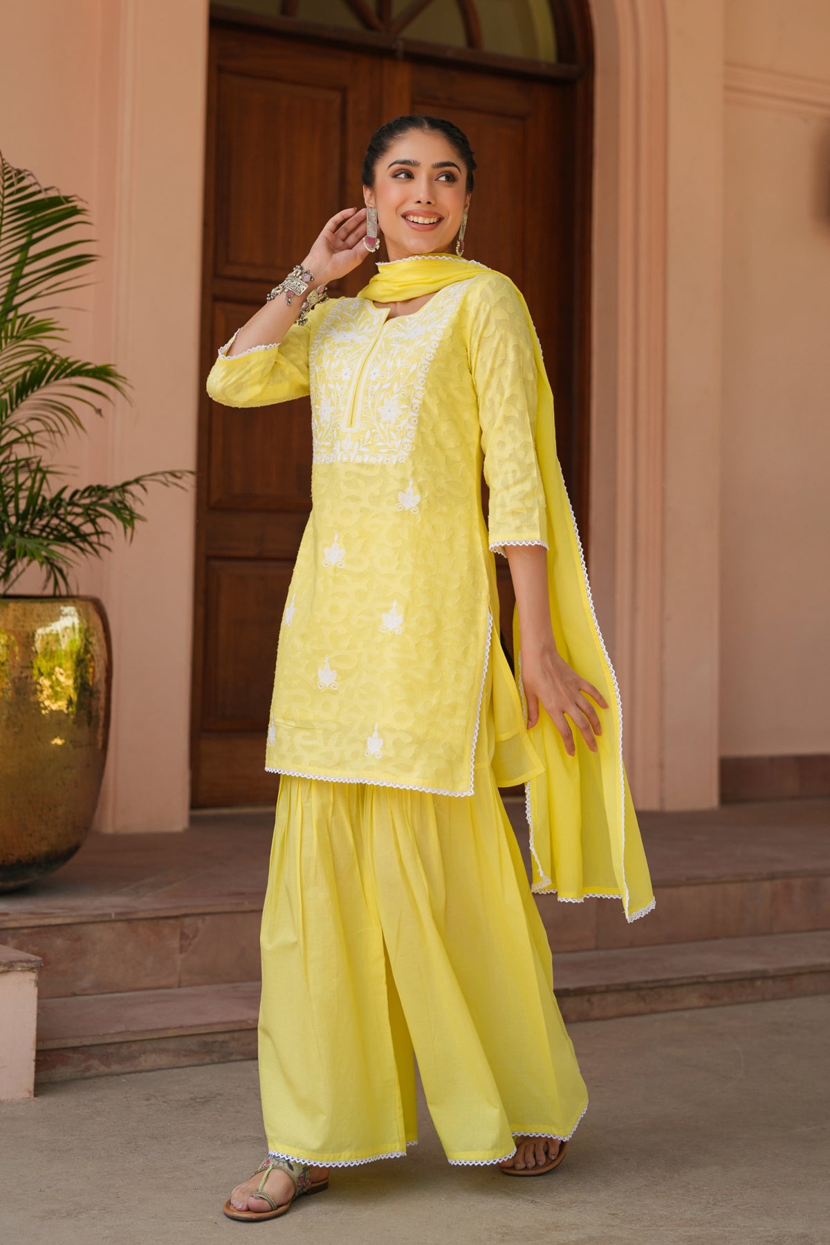 Yellow Jacquard Cotton Chikankari Sharara Set