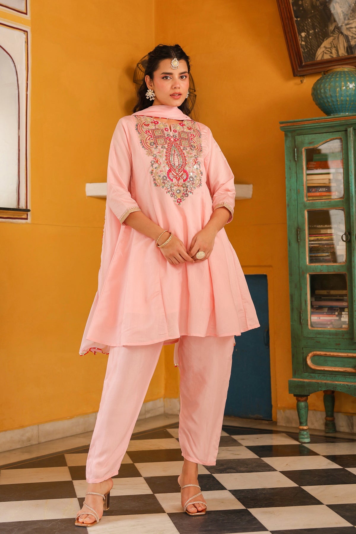 Pink Chanderi Silk Embroidered Suit Set