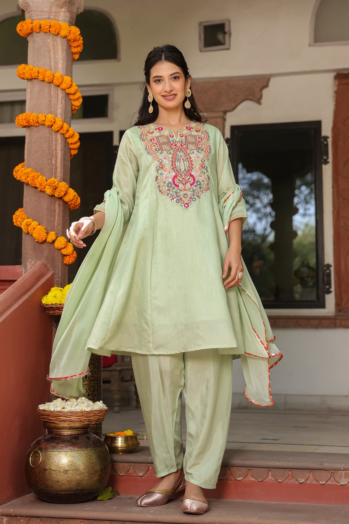 Pistagreen Chanderi Silk Embroidered Suit Set