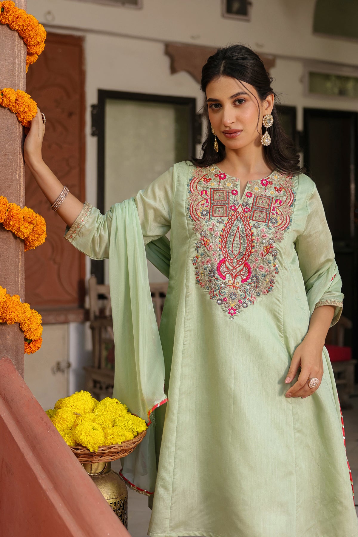 Pistagreen Chanderi Silk Embroidered Suit Set
