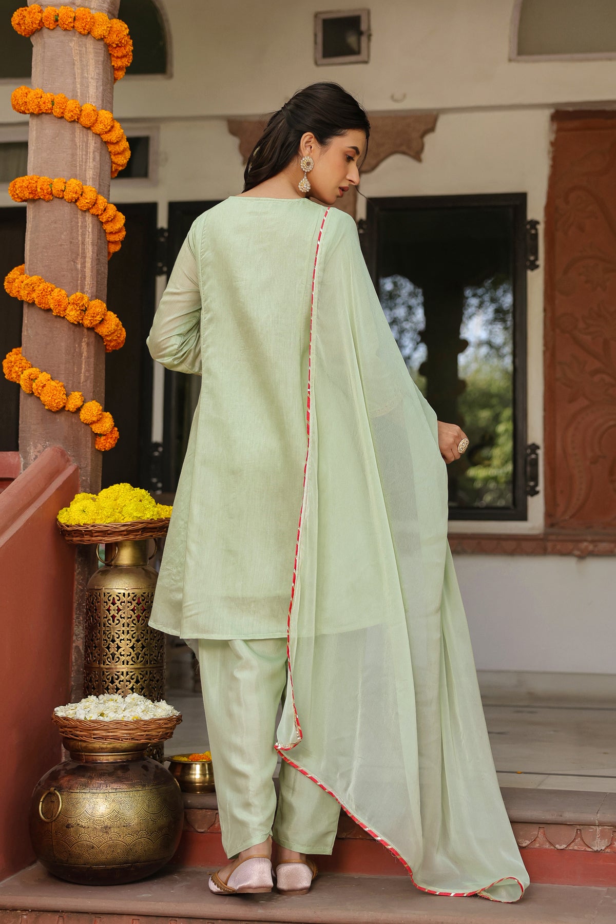 Pistagreen Chanderi Silk Embroidered Suit Set