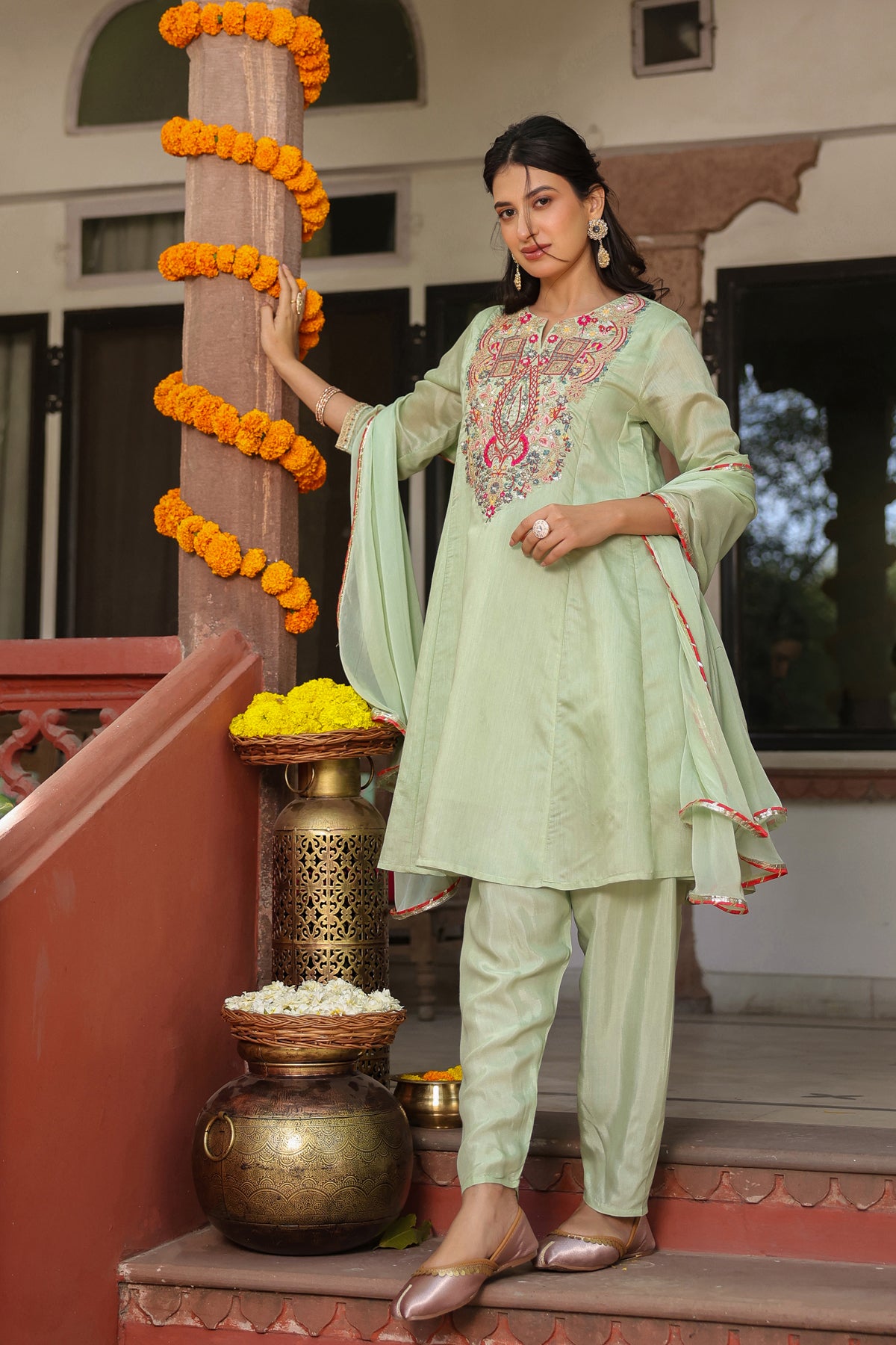 Pistagreen Chanderi Silk Embroidered Suit Set