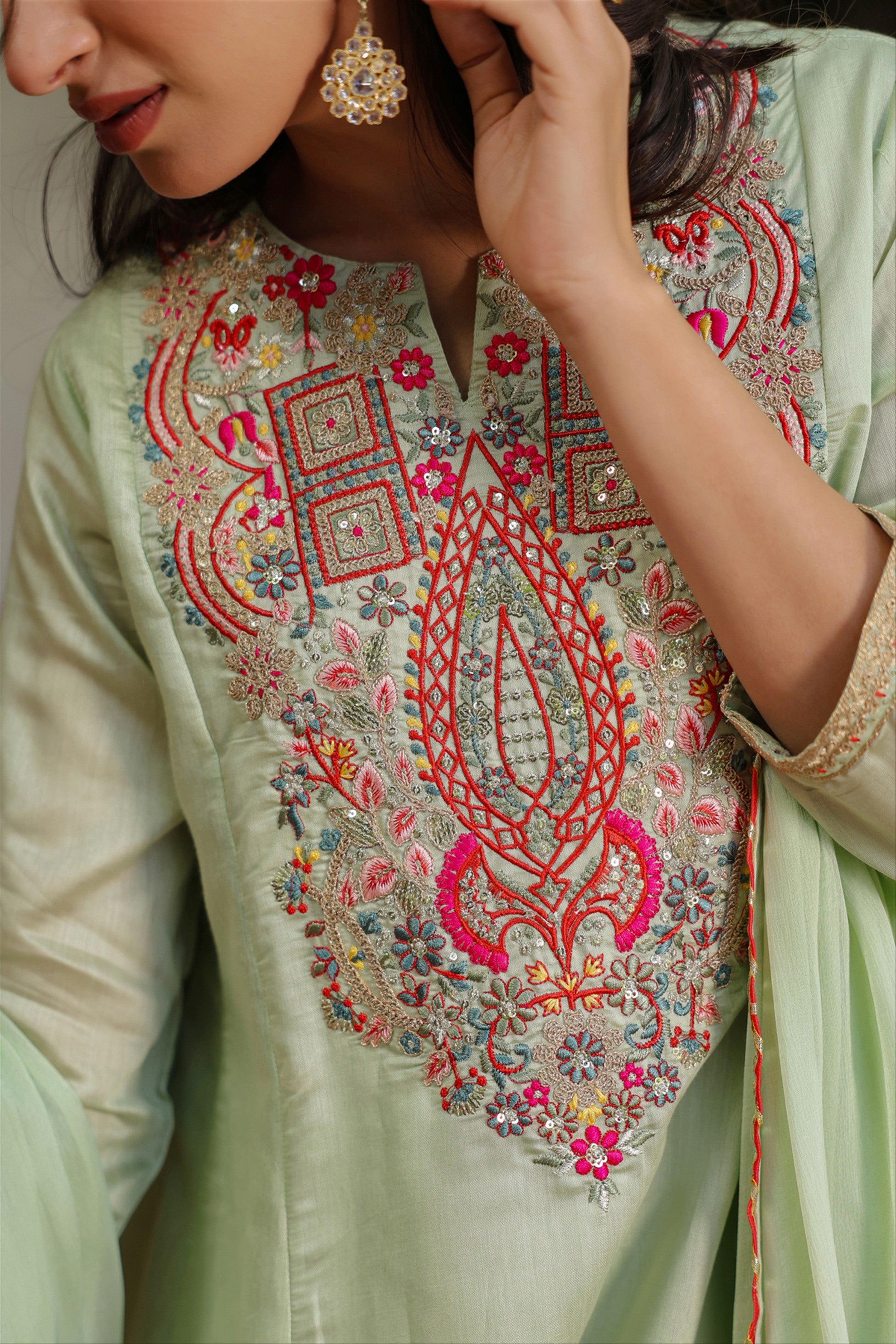 Pistagreen Chanderi Silk Embroidered Suit Set