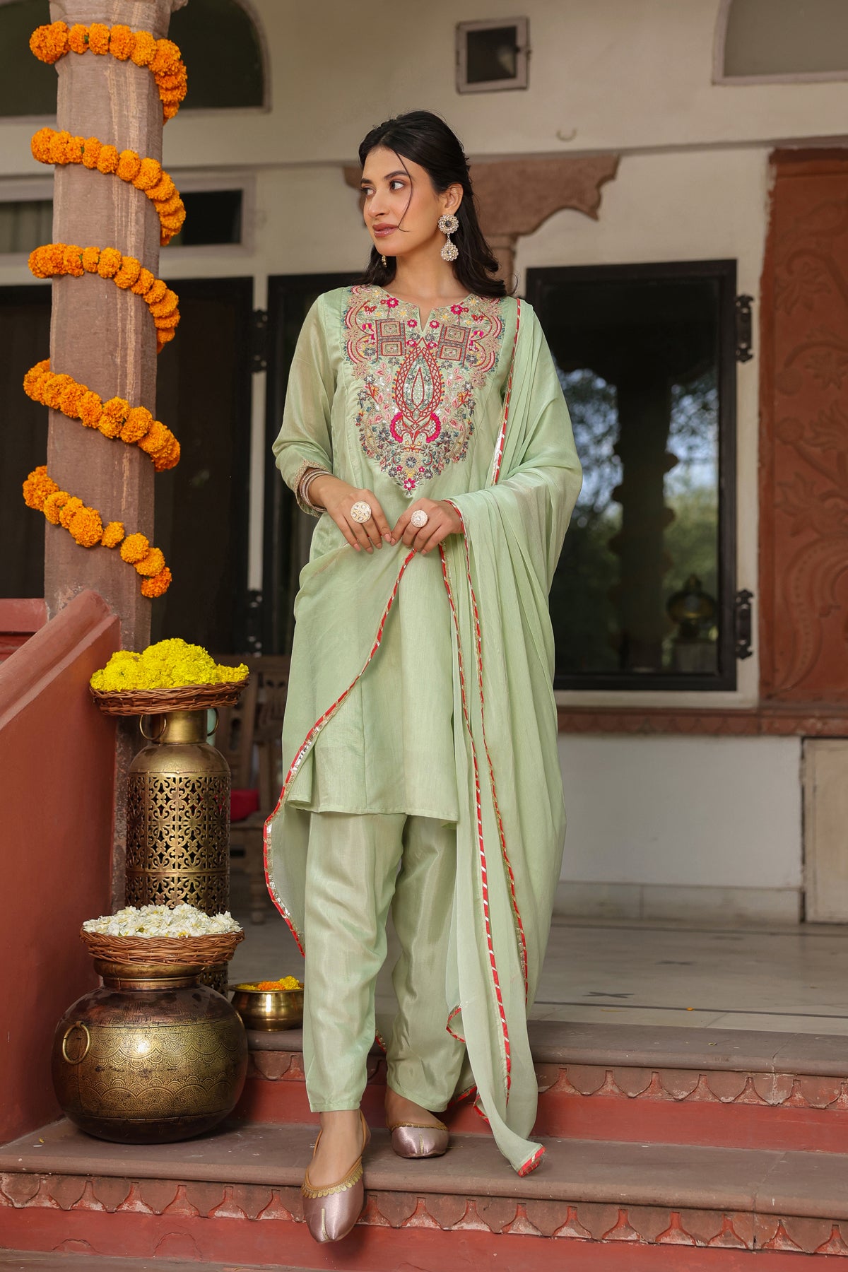 Pistagreen Chanderi Silk Embroidered Suit Set