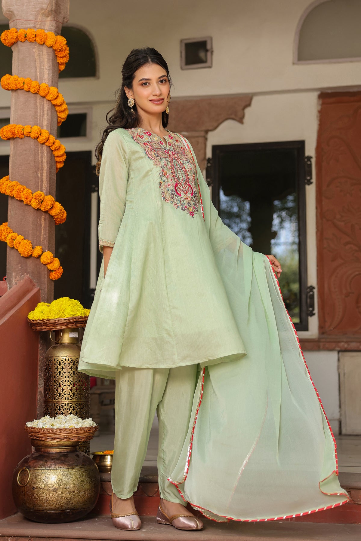 Pistagreen Chanderi Silk Embroidered Suit Set