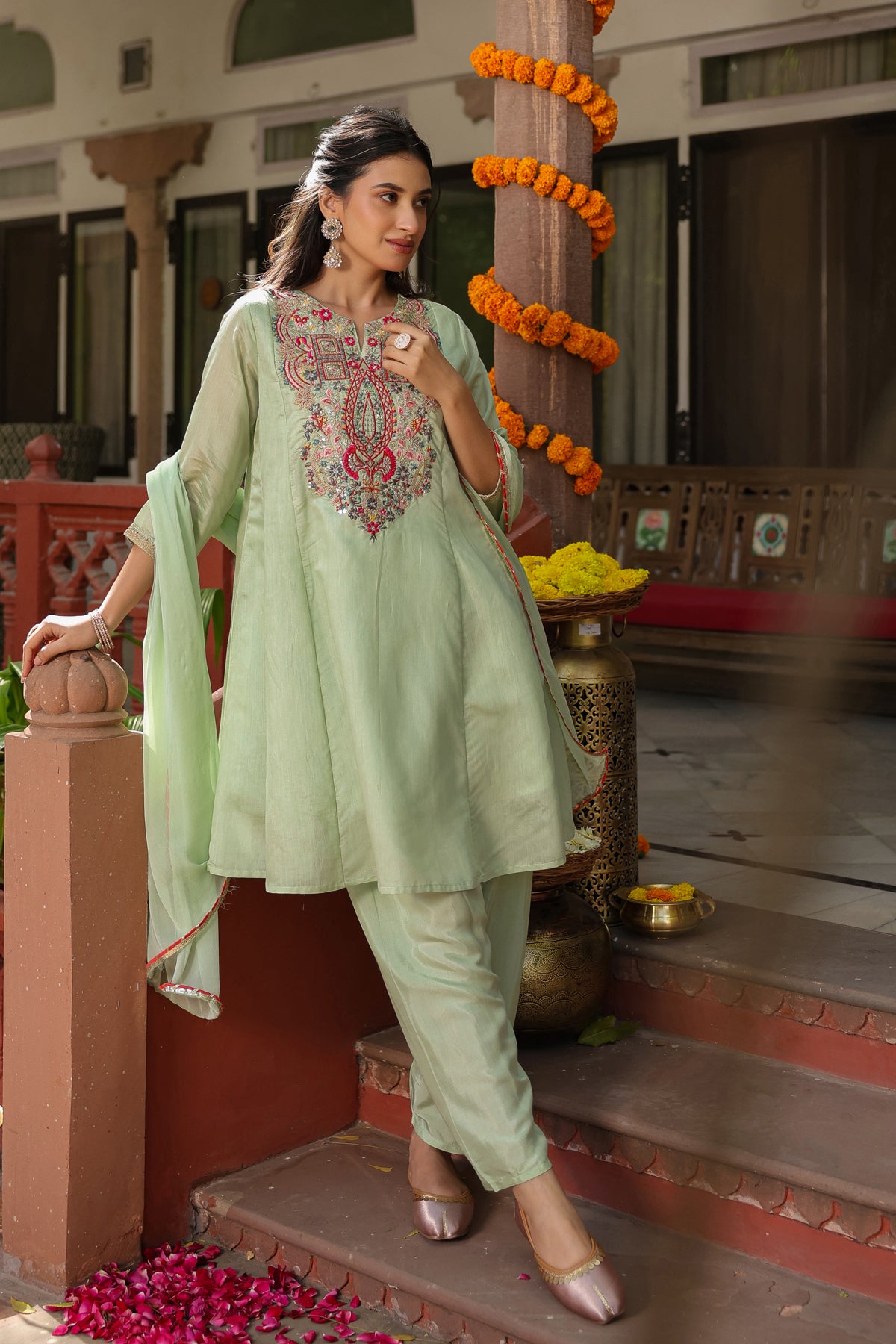 Pistagreen Chanderi Silk Embroidered Suit Set