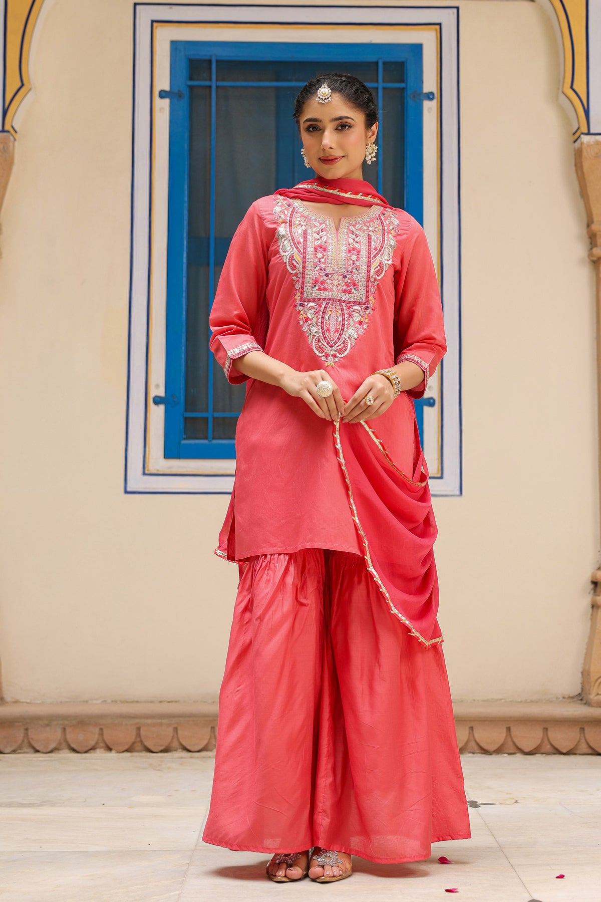 Coral Chanderi Silk Embroidered Sharara Set