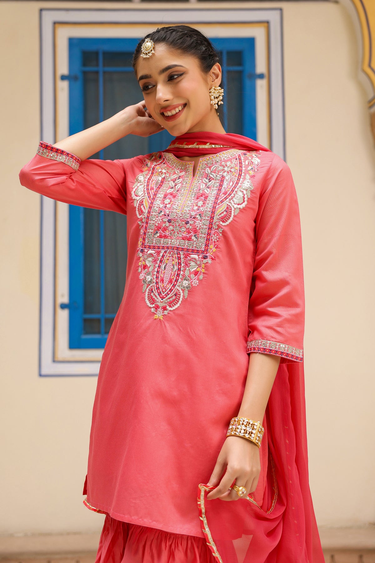 Coral Chanderi Silk Embroidered Sharara Set