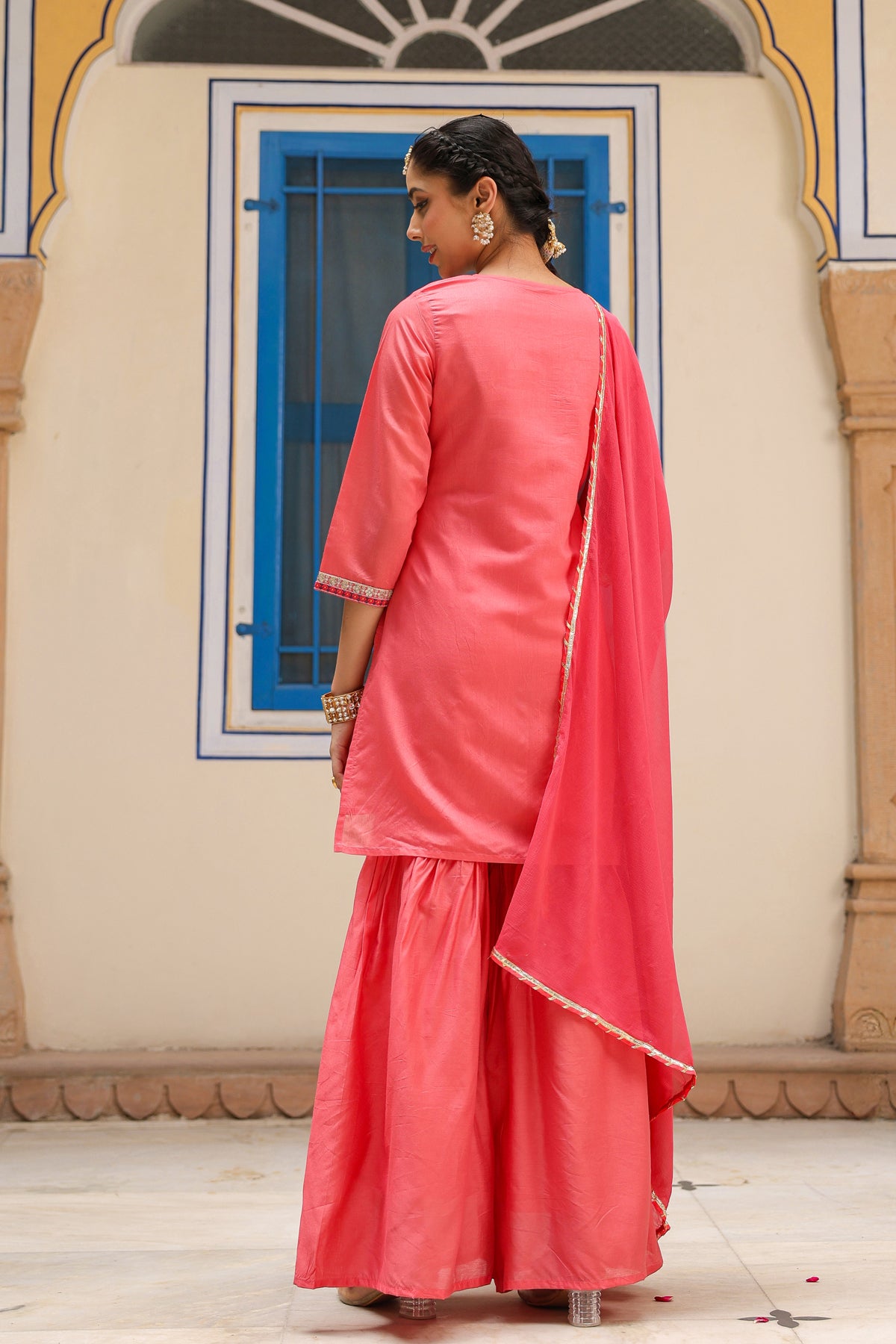 Coral Chanderi Silk Embroidered Sharara Set