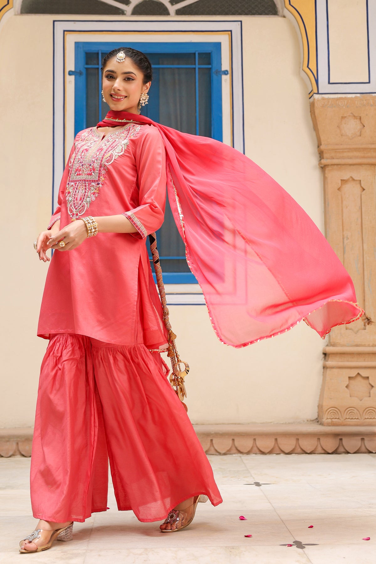 Coral Chanderi Silk Embroidered Sharara Set