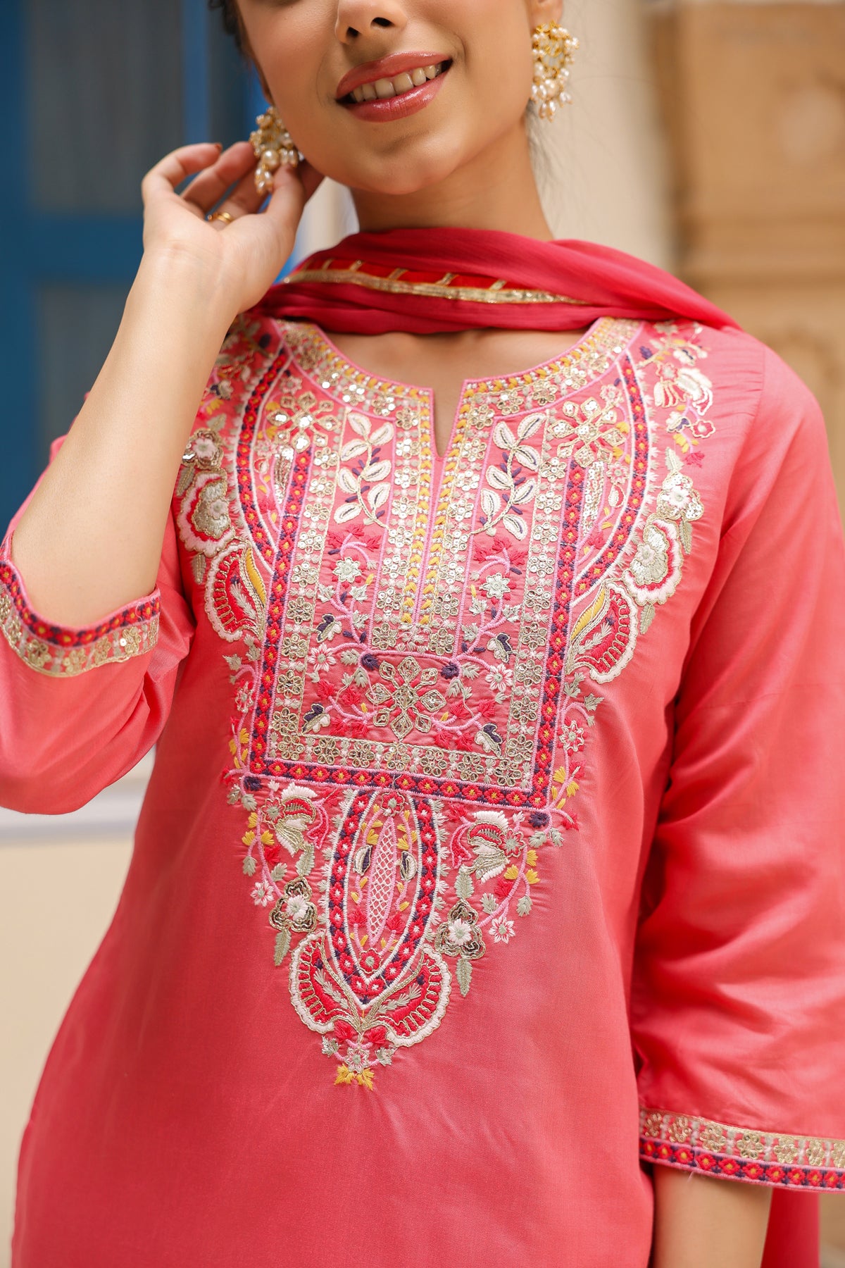 Coral Chanderi Silk Embroidered Sharara Set