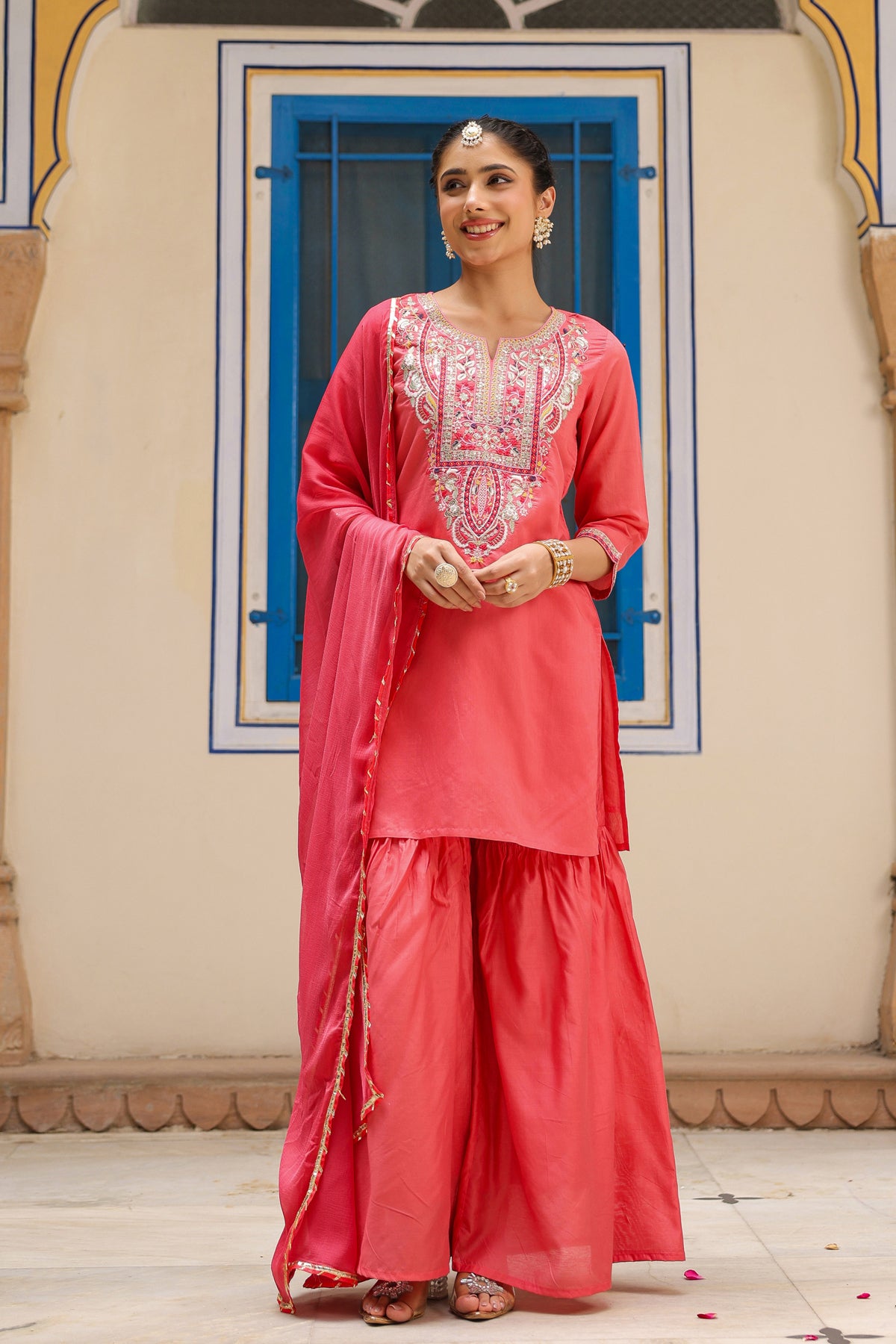 Coral Chanderi Silk Embroidered Sharara Set