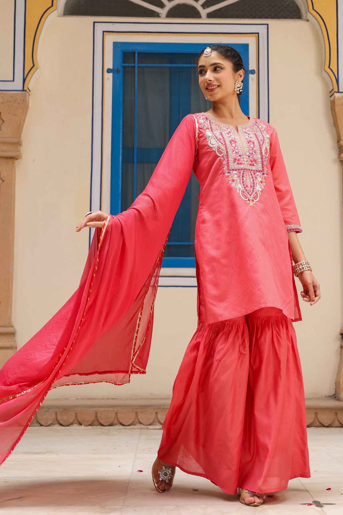Coral Chanderi Silk Embroidered Sharara Set