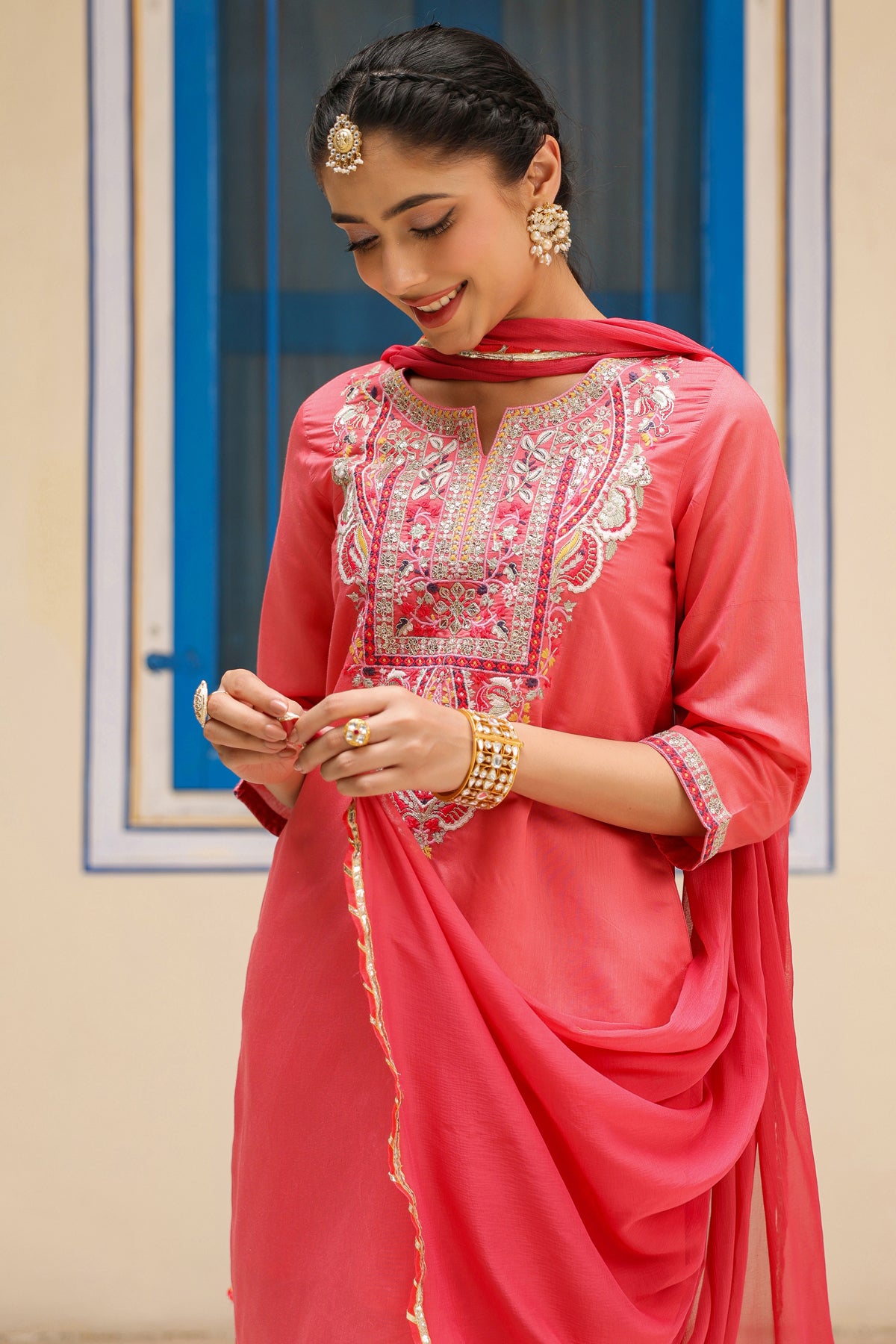 Coral Chanderi Silk Embroidered Sharara Set