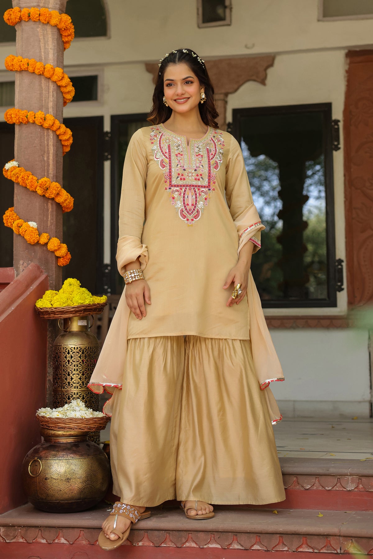Beige Chanderi Silk Embroidered Sharara Set