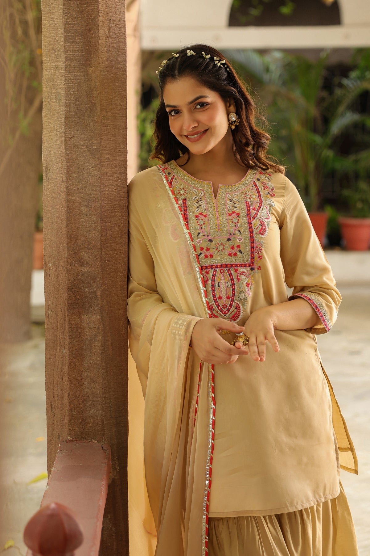 Beige Chanderi Silk Embroidered Sharara Set