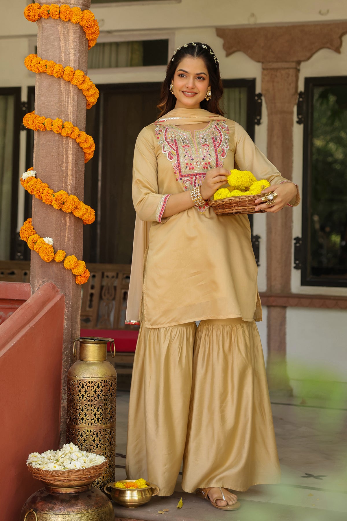 Beige Chanderi Silk Embroidered Sharara Set
