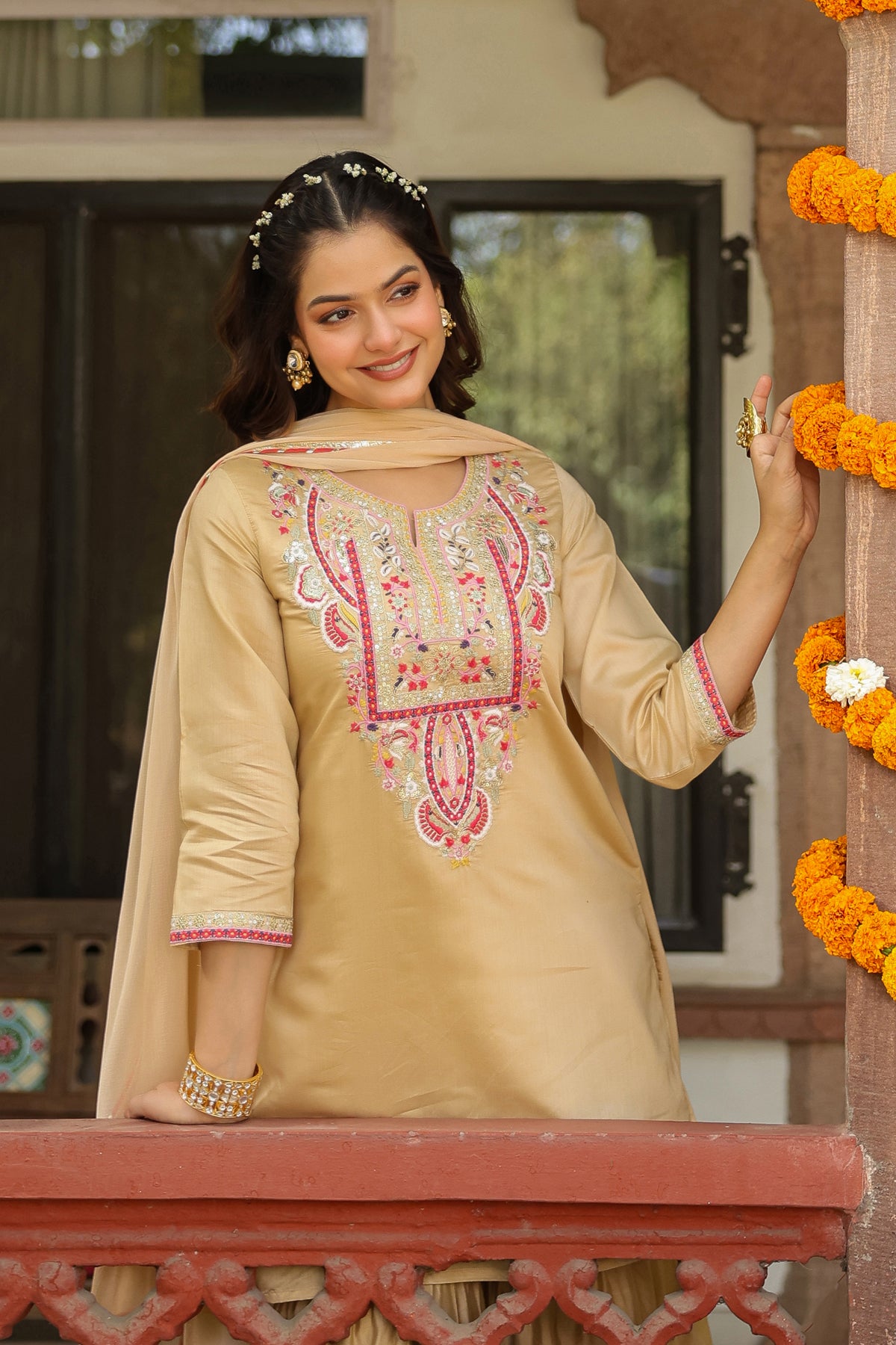 Beige Chanderi Silk Embroidered Sharara Set