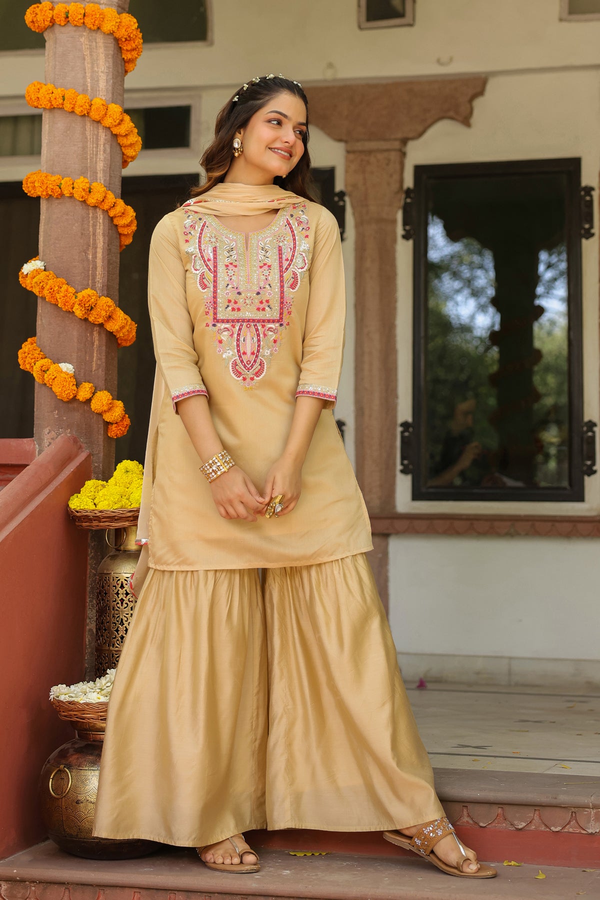 Beige Chanderi Silk Embroidered Sharara Set