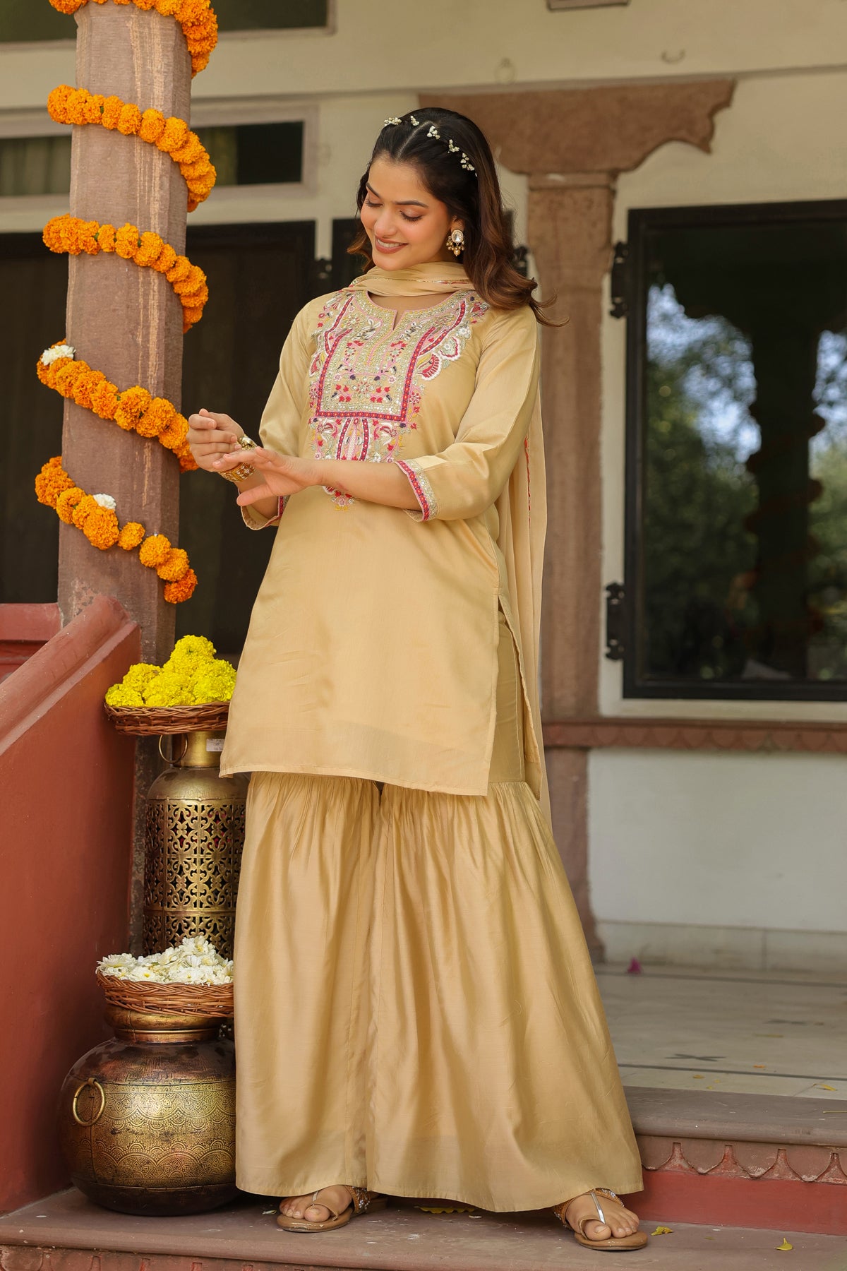 Beige Chanderi Silk Embroidered Sharara Set