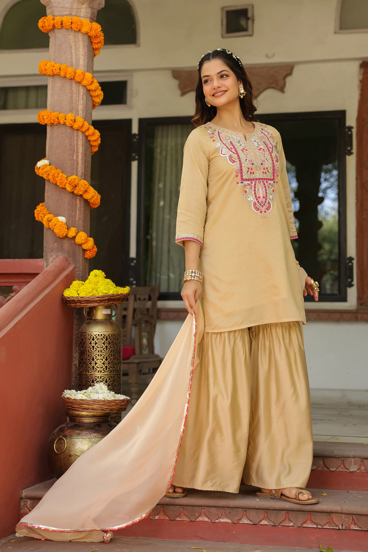 Beige Chanderi Silk Embroidered Sharara Set