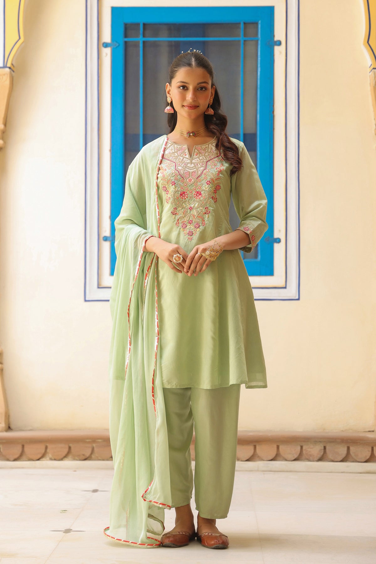 Pistagreen Chanderi Silk Dori Embroidered Anarkali Suit Set