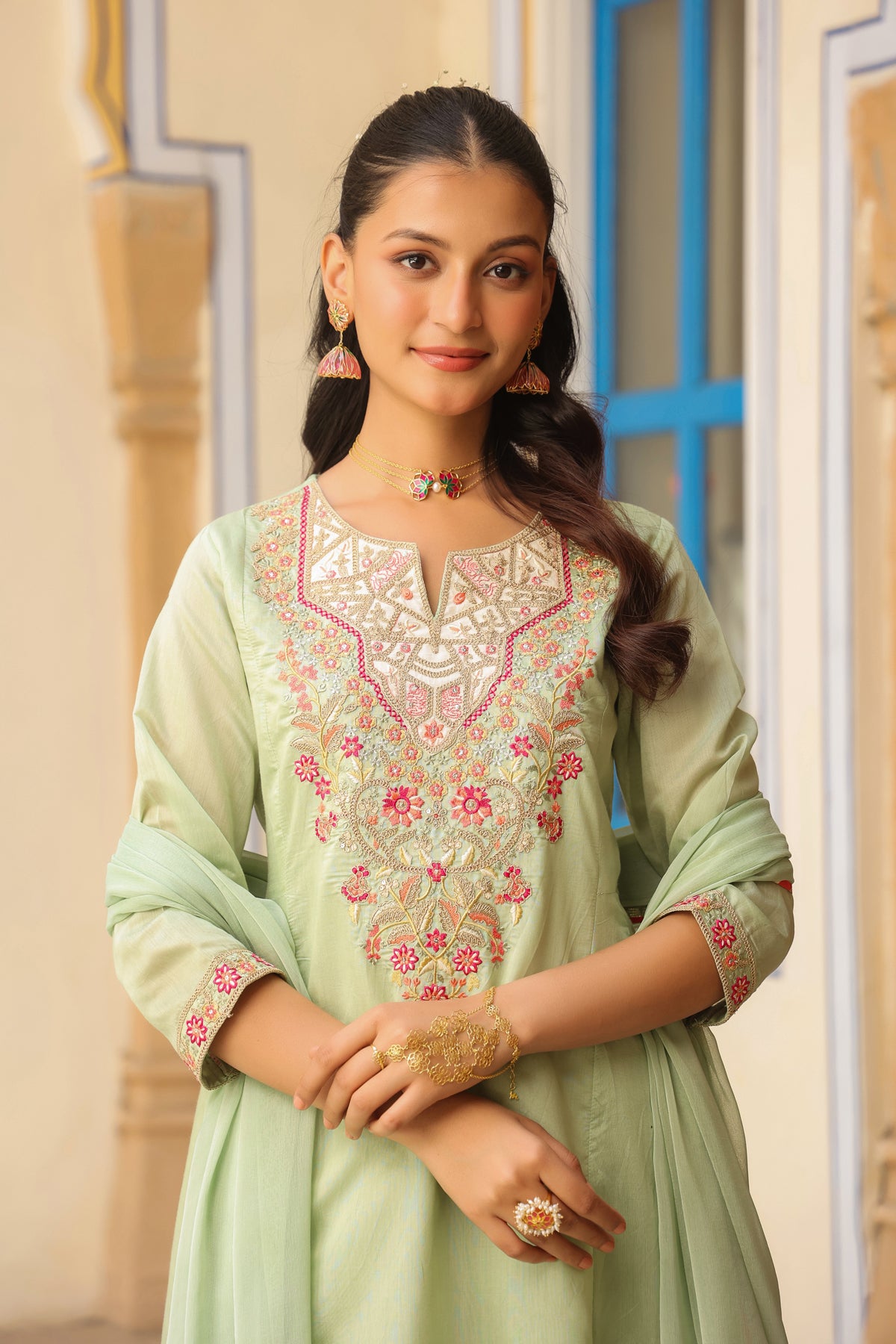 Pistagreen Chanderi Silk Dori Embroidered Anarkali Suit Set